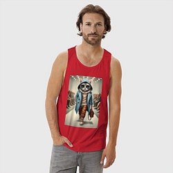 Майка мужская хлопок Модный кот в очках на дефиле животных, цвет: красный — фото 2