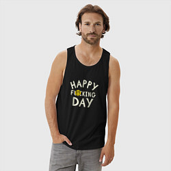 Майка мужская хлопок Happy f**king day - надпись и смайл, цвет: черный — фото 2