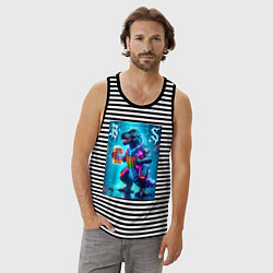 Майка мужская хлопок Неоновый кибер пивозавр - нейроарт, цвет: черная тельняшка — фото 2