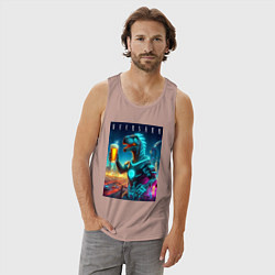 Майка мужская хлопок Дино с кружкой пива в Мегаполисе - нейроарт, цвет: пыльно-розовый — фото 2