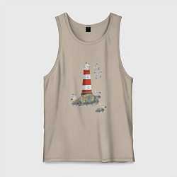 Мужская майка Маяк и чайки на берегу моря