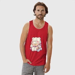 Майка мужская хлопок Милый кавайный белый мишка, цвет: красный — фото 2