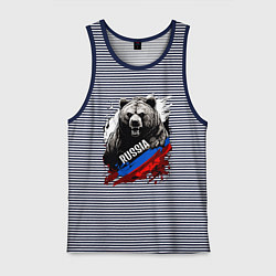 Майка мужская хлопок Русский медведь на фоне флага России, цвет: синяя тельняшка