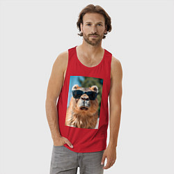 Майка мужская хлопок Модная капибара в очках, цвет: красный — фото 2