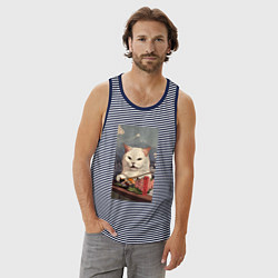 Майка мужская хлопок Cat meme - japan style, цвет: синяя тельняшка — фото 2