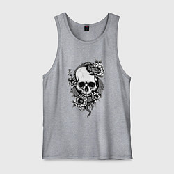 Майка мужская хлопок Змея на черепе с цветами, цвет: меланж