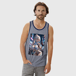 Майка мужская хлопок Девушка с пистолетом с киберимплантами, цвет: синяя тельняшка — фото 2