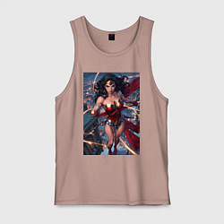 Майка мужская хлопок Чудо-женщина на крыше с городским фоном в стиле ко, цвет: пыльно-розовый