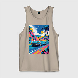 Майка мужская хлопок Кабриолет едет по тропическому острову, цвет: миндальный