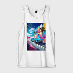 Майка мужская хлопок Кабриолет едет по тропическому острову, цвет: белый