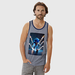 Майка мужская хлопок Соник убегает от ракет, цвет: синяя тельняшка — фото 2