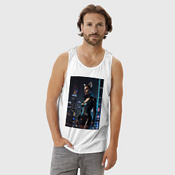 Майка мужская хлопок Девушка с кошачьими ушами стоит на фоне небоскребо, цвет: белый — фото 2