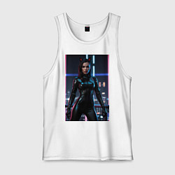 Майка мужская хлопок Девушка с кошачьими ушами стоит на фоне небоскребо, цвет: белый