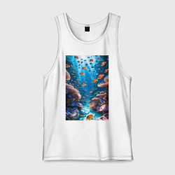 Майка мужская хлопок Подводный коралловый риф с рыбками, цвет: белый