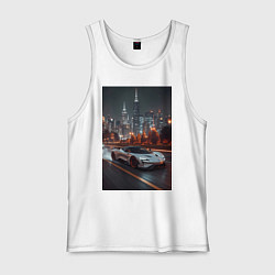 Майка мужская хлопок Белый суперкар едет по аллее в город, цвет: белый