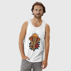 Майка мужская хлопок Слон на фоне солнца с розами в стиле тату, цвет: белый — фото 2