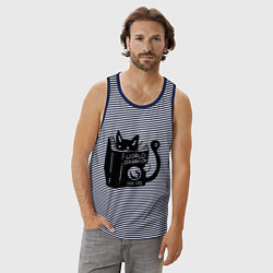 Майка мужская хлопок Кот с книгой, цвет: синяя тельняшка — фото 2