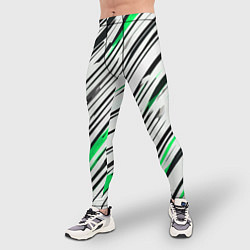 Тайтсы мужские Диагональные чёрно-зелёные полосы на белом фоне, цвет: 3D-принт — фото 2