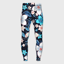 Мужские тайтсы Сине-белые цветы на чёрном фоне