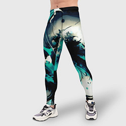 Тайтсы мужские Чёрный с бирюзовым абстракция тёмные краски, цвет: 3D-принт — фото 2