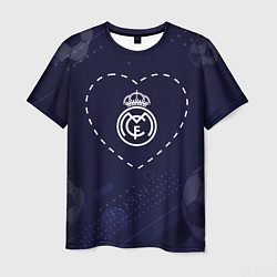 Футболка мужская Лого Real Madrid в сердечке на фоне мячей, цвет: 3D-принт