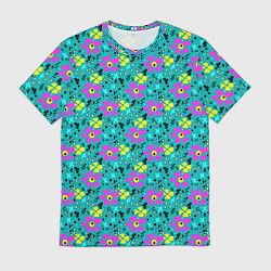 Футболка мужская Яркий цветочный узор на бирюзовом фоне, цвет: 3D-принт