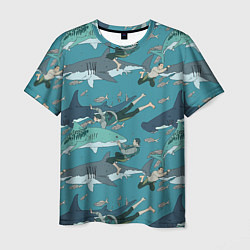 Футболка мужская Ныряльщики и акулы - паттерн, цвет: 3D-принт