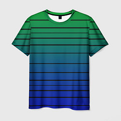 Футболка мужская Черные полосы на синем, зеленом градиенте, цвет: 3D-принт