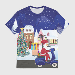 Футболка мужская Дед Мороз едет на скутере с подарками в Новогоднюю, цвет: 3D-принт