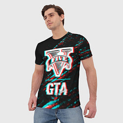 Футболка мужская GTA в стиле glitch и баги графики на темном фоне, цвет: 3D-принт — фото 2