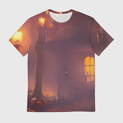 Футболка мужская Викторианский дом и старые фонари с тыквами в пурп, цвет: 3D-принт