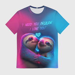 Футболка мужская Влюбленные ленивцы обнимаются на фоне неонового се, цвет: 3D-принт