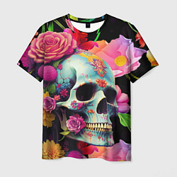 Футболка мужская Skull on a background of flowers - irezumi, цвет: 3D-принт