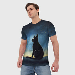 Футболка мужская Черный кот и звезды - акварель, цвет: 3D-принт — фото 2