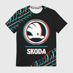Футболка мужская Значок Skoda в стиле glitch на темном фоне, цвет: 3D-принт
