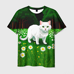 Футболка мужская Белый кот на лугу пиксель арт, цвет: 3D-принт