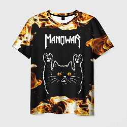 Футболка мужская Manowar рок кот и огонь, цвет: 3D-принт