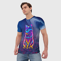Футболка мужская Космический неоновый котик - нейросеть, цвет: 3D-принт — фото 2