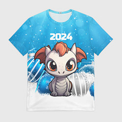 Футболка мужская Белый дракон с новогодними шариками, цвет: 3D-принт