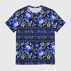 Футболка мужская Новогодняя гжельская роспись цветами на чёрном фон, цвет: 3D-принт