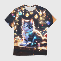 Футболка мужская Кот и новогодние украшения, цвет: 3D-принт