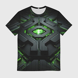 Мужская футболка Объемная абстрактная яркая зеленая фигура на черно