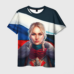 Футболка мужская Блондинка с косами - флаг России, цвет: 3D-принт