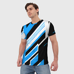 Футболка мужская Бело-синие полосы на чёрном фоне, цвет: 3D-принт — фото 2