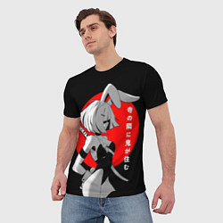 Футболка мужская Секси девушка-самурай с заячьими ушками- иероглифы, цвет: 3D-принт — фото 2