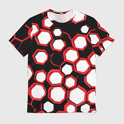 Мужская футболка Красно-белые шестиугольники на чёрном фоне