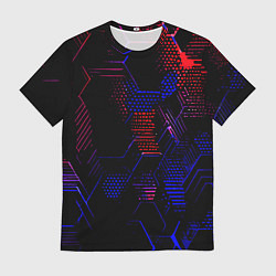 Футболка мужская Красно-синие точки и линии на чёрном фоне, цвет: 3D-принт