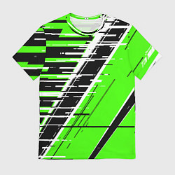 Футболка мужская Чёрно-белые глитч полосы на зелёном фоне, цвет: 3D-принт