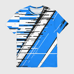 Футболка мужская Чёрно-белые глитч полосы на синем фоне, цвет: 3D-принт