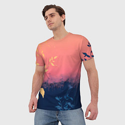 Футболка мужская Листья на сине-розовом фоне - нейросеть, цвет: 3D-принт — фото 2